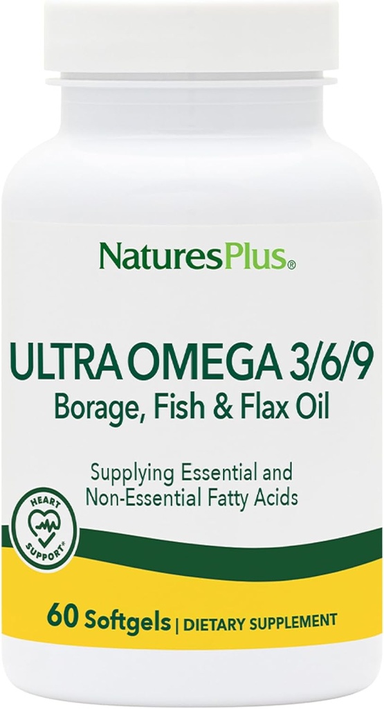 Natures Plus Ultra Omega 3 6 9-1200 mg, 60 Softgels - Borage Oil, Fish Oil, Flax Oil Supplement, Gluten - Free - 60 services