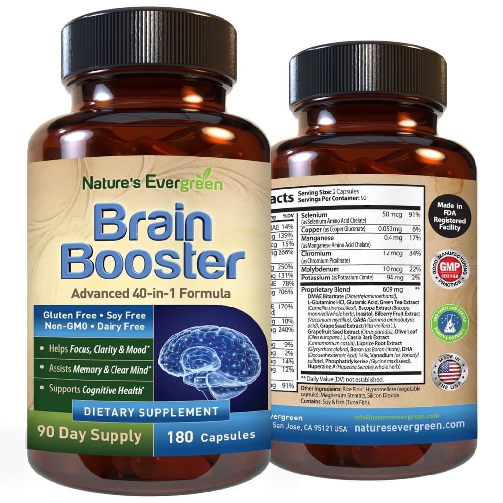 Brain Boster 40-in-1 聚焦、记忆、清晰、男女能量的公式补充、DMAE的认知功能诺诺特支持、Brain Health Formula(180 Capsules - 90天供应)