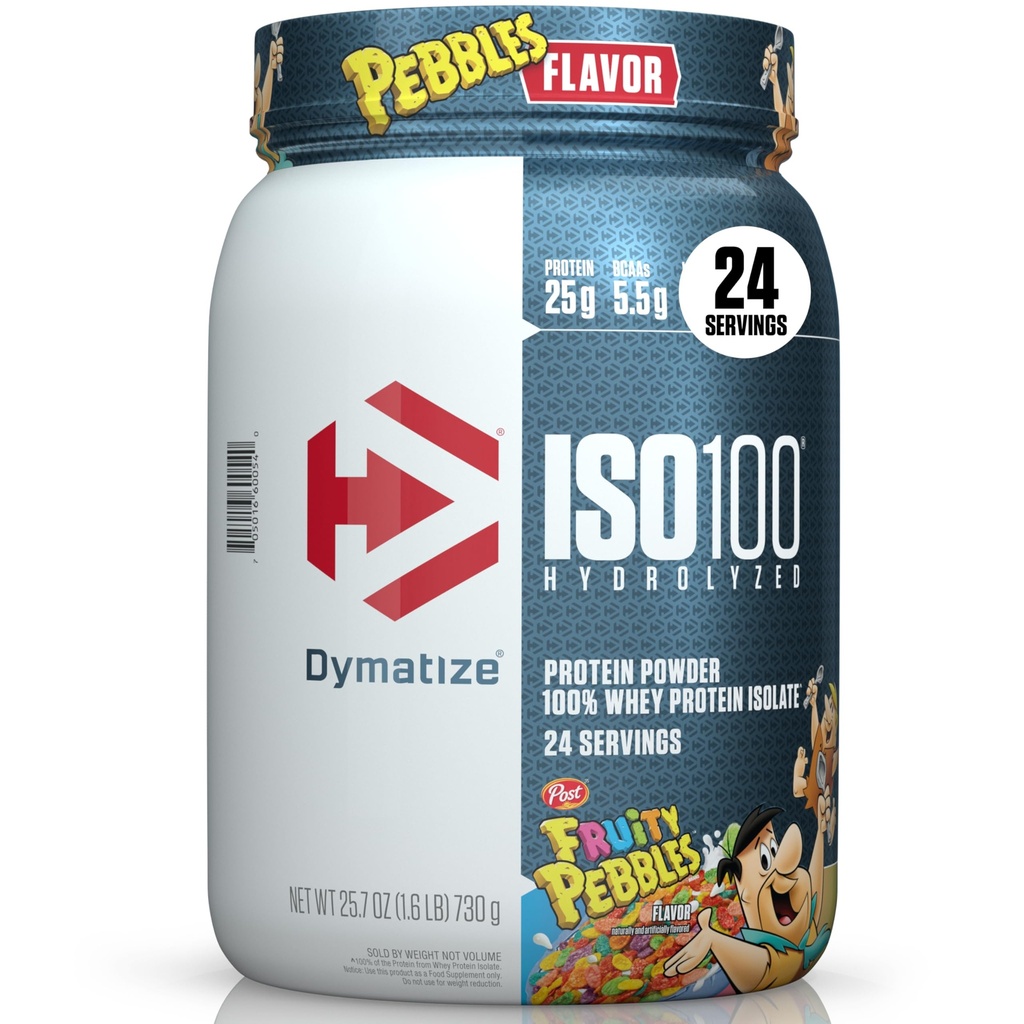Dymatize x 水果卵石 ISO100 Whey蛋白质蛋白酸盐, 蛋白质25g, 20 services, 5.5g BCAAs, 120 Cal., Gluten Free, 1g Fat, 1g Sugar, 2g Carb (24 services)