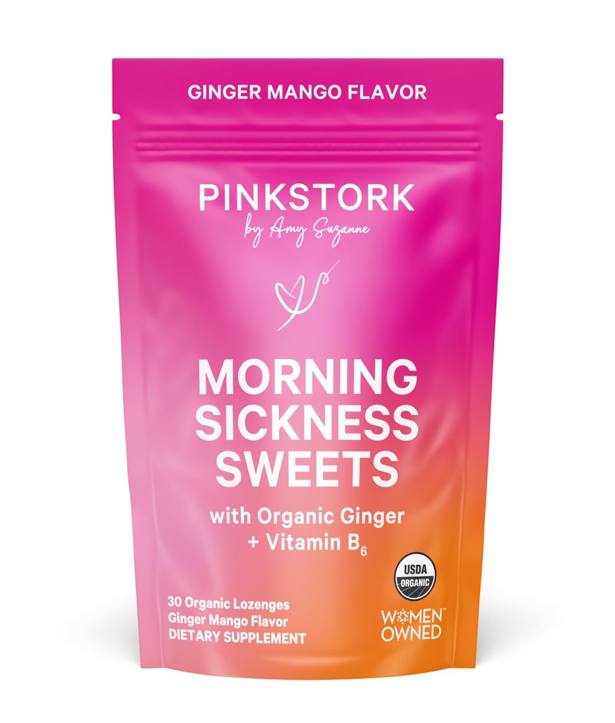 Pink Stork Morning 疾病甜品,有机芒果姜糖加维生素B6 早间疾病,运动疾病,产前心脏灼伤 - 怀孕必须拥有 - 30个包装药