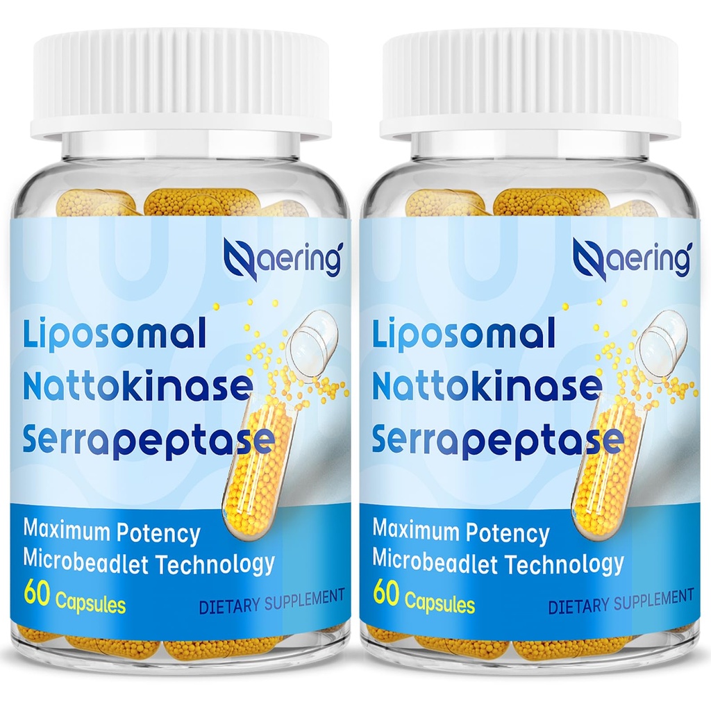 Liposomal Nattokinase 12,000 FU Serrapeptase 360,000 SPU Enzyme 补编 - 富含协同酶和营养素Blend & Inulin 用于循环, Gut, Digestion 60 Capsules (2瓶)