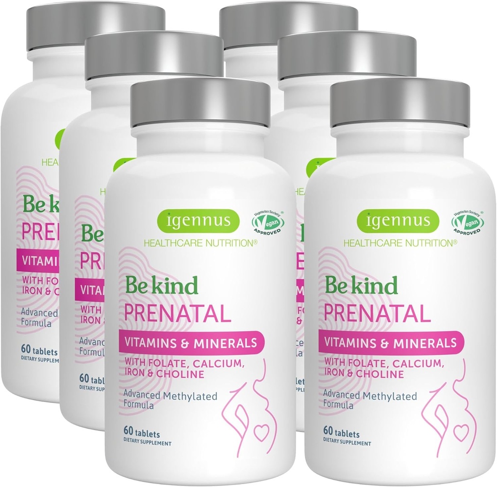 Igennus 妇女的甲基化产前多维生素、MTHFR的Folate、高吸收、纯和清洁、Gentle Iron、Choline、Calcium和镁、Vegan 孕期维生素、Halal、N-GMO、60片药片x6