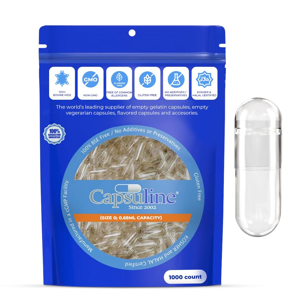 Capsuline 大小 0 空 Gelatin Capsules, clear - 1000 Count QQ Gluten Free, Kosher, 非 GMO 认证的 QQ 纯波文药丸 Caps 用于 DIY 补充填充