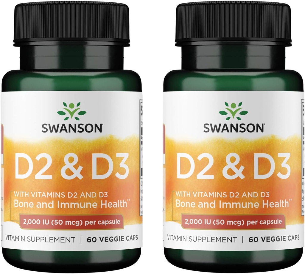 Swanson 维生素D 配有维生素D2 & D3的复合体 - 骨,牙科和免疫健康全阳光维生素复合体 - 维生素补充体(50 mcg,60 Veggie Capsules)(2 Pack)