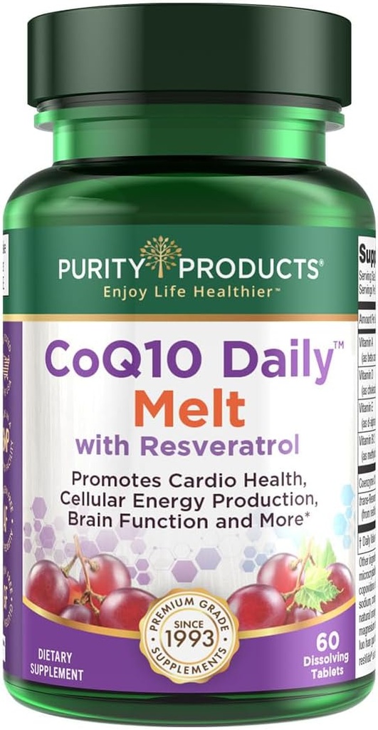 纯净产品 CoQ10 与 Resveratrol Melt 100mg CoQ10-30mg 跨Resveratrol - 维生素A, D3, E, 和 B12 (作为甲基Cobalamin) - 60 快速溶解片