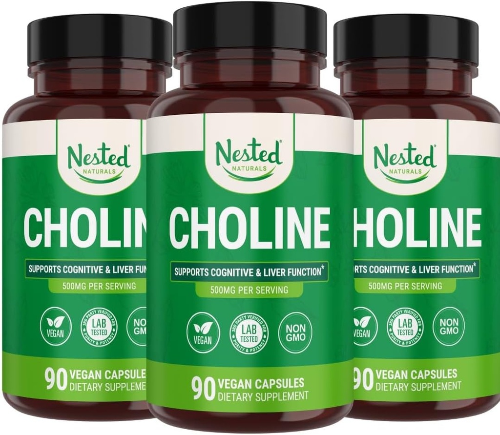 Nested Naturals Choline Bitartrate 500mg QQ 高概率选手补充 QQ支持认知性能和Liver函数 100% Vegan & Non-GMO QQ(3-Pack)