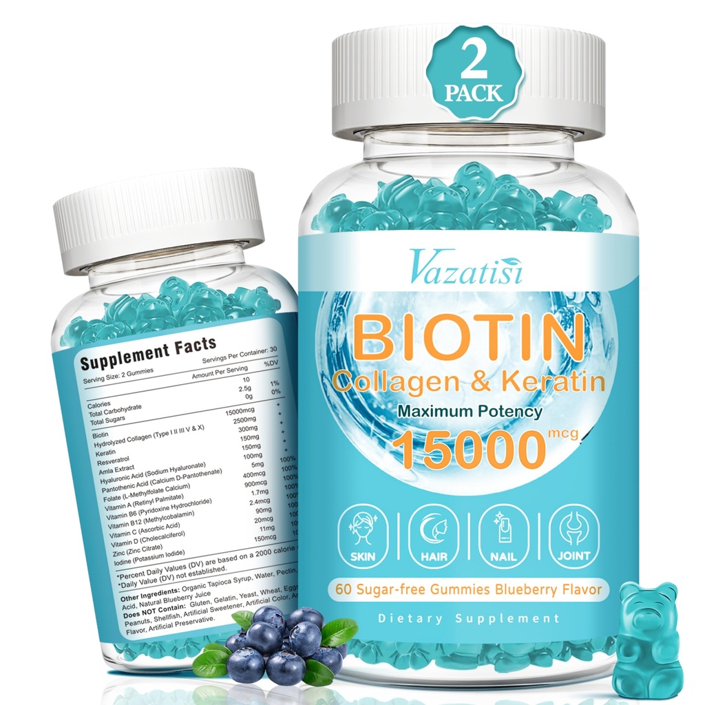 Biotin和Collagen Gummys配有B12,毛皮和Nails维生素Gummys配有毛发生长,光皮和坚固的Nails配有蓝莓Flavor,无糖,120Ct