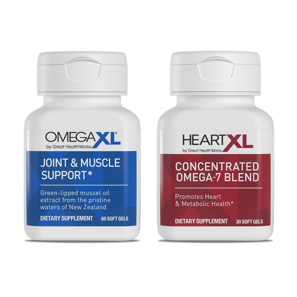 OmegaXL 联合支持补编 - 天然肌肉支持,绿色浸泡贻贝油,软Gel药丸,无药,60 Counter + HeartXL 30 Counter,HighPotency Omega-7 Blend
