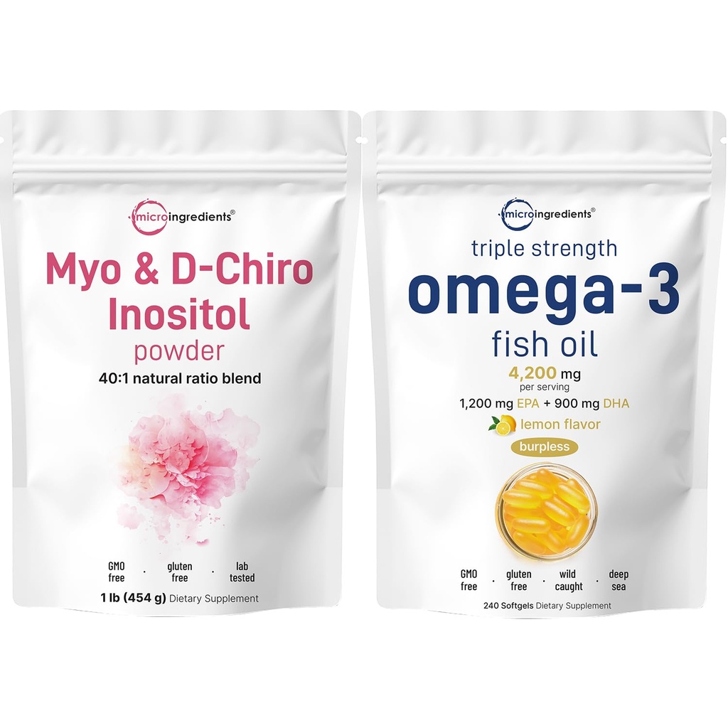 Omega-3鱼油4 200 mg 软胶 & Myo & D-Chiro Inositol粉盒 2 Pack QQ 野生捕食鱼 柠檬火焰 Burpless QQ Inositol 妇女补编