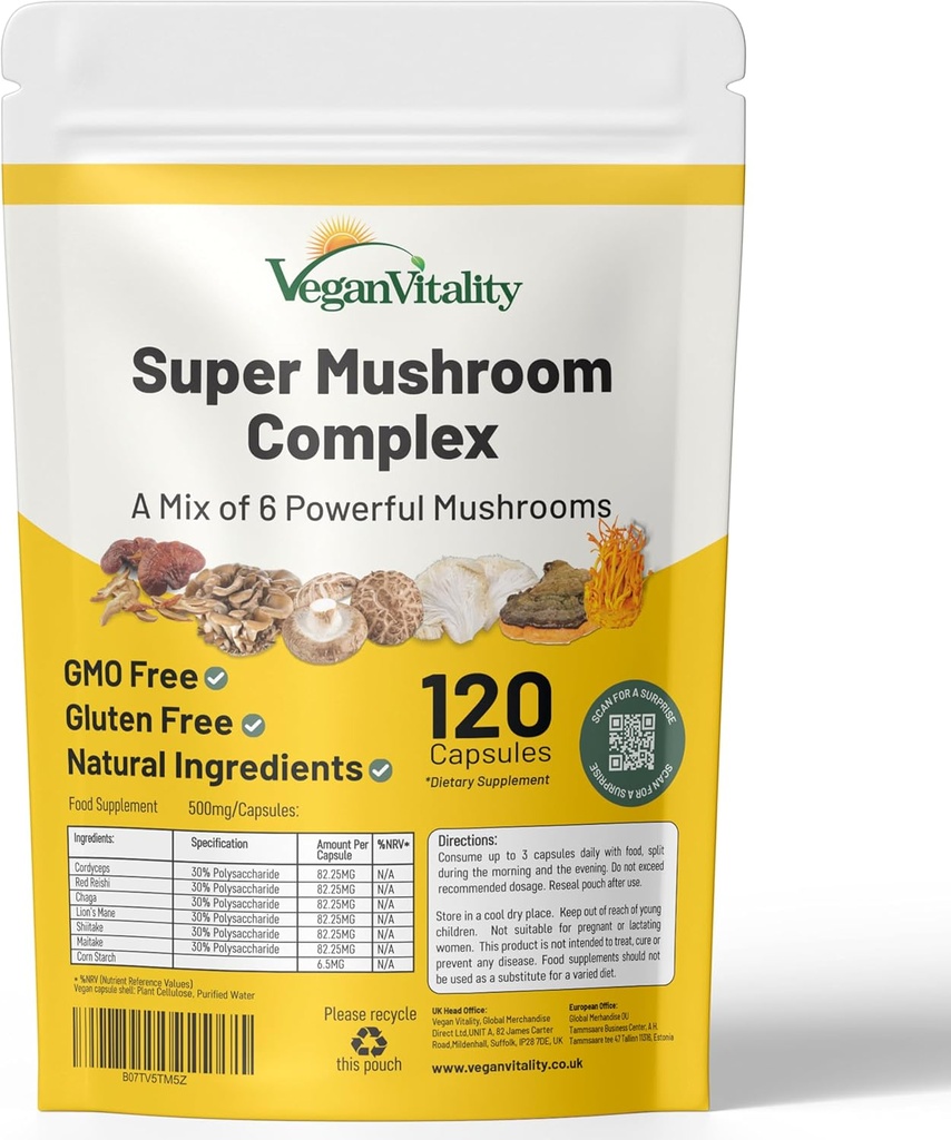 Vegan Virtuality 多蘑菇补充综合体 - 120 Capsules 配有 Reishi, Chaga, Shitake, Maitake, Lion's Mane 和 Cordyceps 用于大脑,能源,焦点和记忆支持
