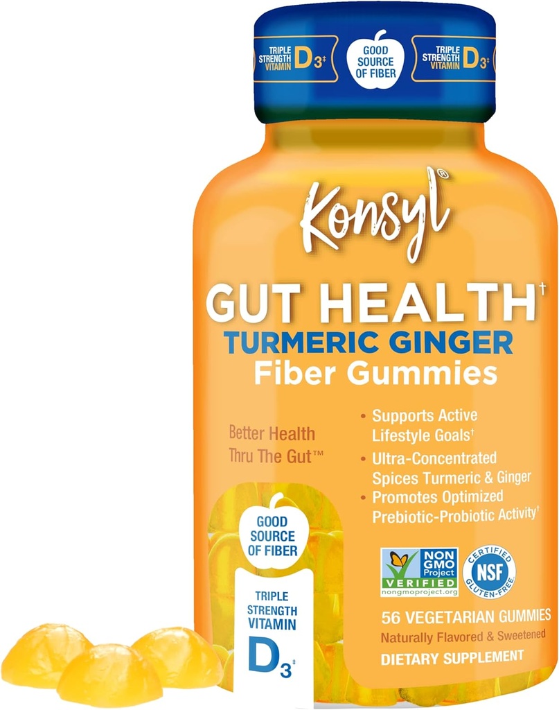 Konsyl Gut Health Turmeric Ginger Fiber Gummys - 帮助支持消化性健康+ - 蔬菜纤维补充型Gummys 成人- 56 Counter