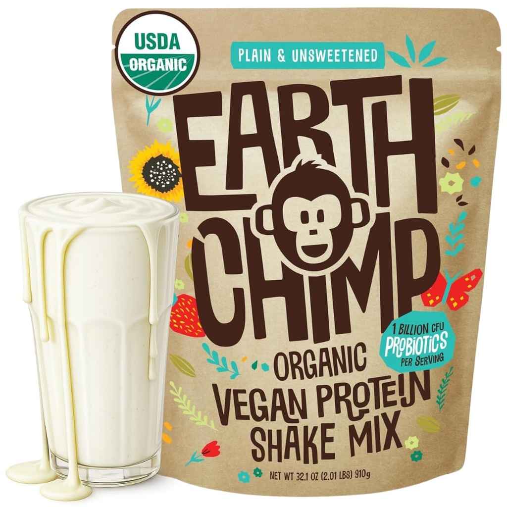 Earth Chimp Organization Vegan蛋白粉 - 配有Probiotics - 非转基因生物,乳品免费,Non Whey, 男女植物蛋白粉,Gluten免费 - 26 services 32 Oz (Plain & Unsweed)