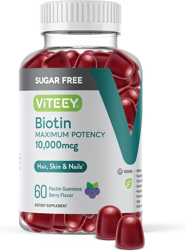 Viteey Biotin Gummys for Hair, Skin, and Nails 10,000mcg - 无糖 - 头发生长 Gummys, 健康皮肤 Glow, 强健健康 Nail 生长 - Vegan, Gluten Free, Gelatin Free - Tasty Berry Flavor