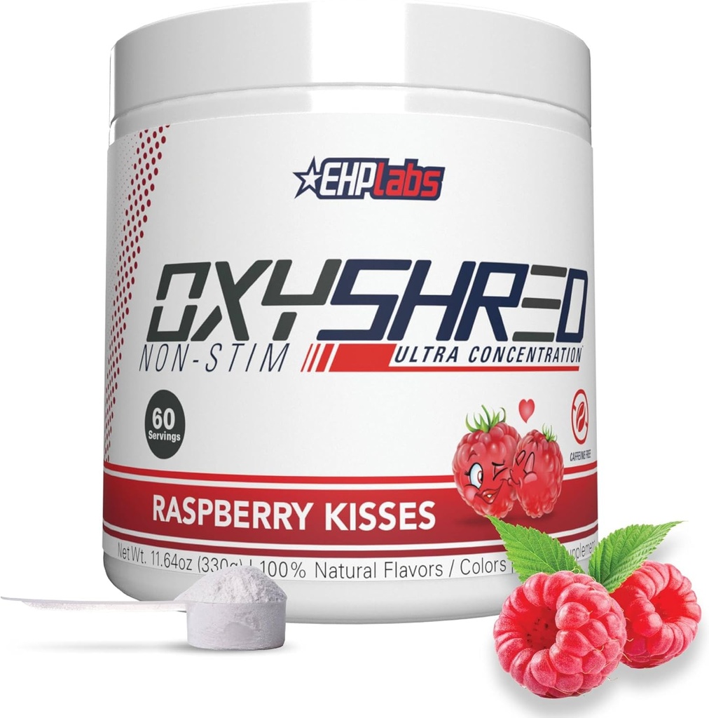 EHP实验室 OxyShred 非兴奋剂 工作前粉 - Stim Free, Cafeine Free Workout for Men & Women - Non Stim Preworkout - 糖无能量粉 - Raspberry, 60 services