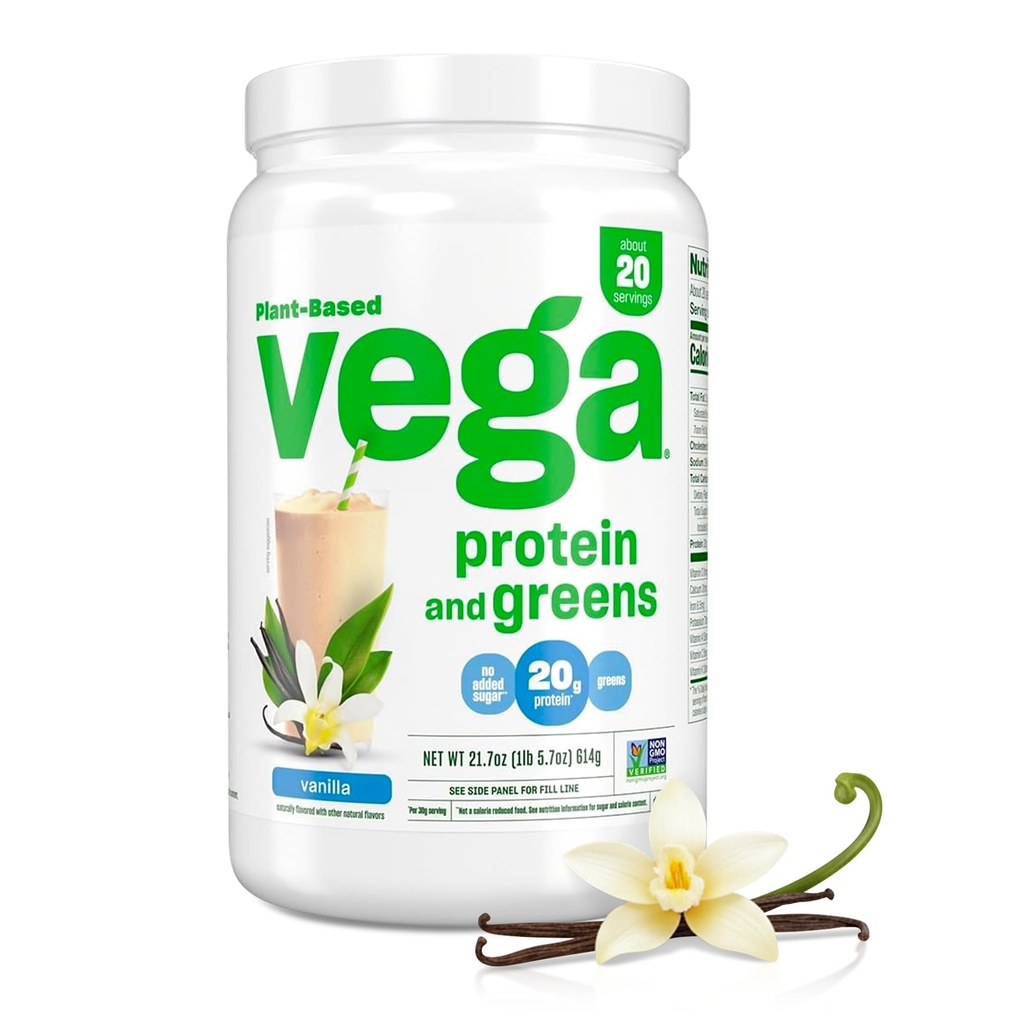 Vega蛋白和Greens蛋白粉,香草 - 20g 植物基蛋白质加蔬菜,Vegan,非转基因生物, Pea 蛋白质,男女,21.7 Ounce(包装May Vary)