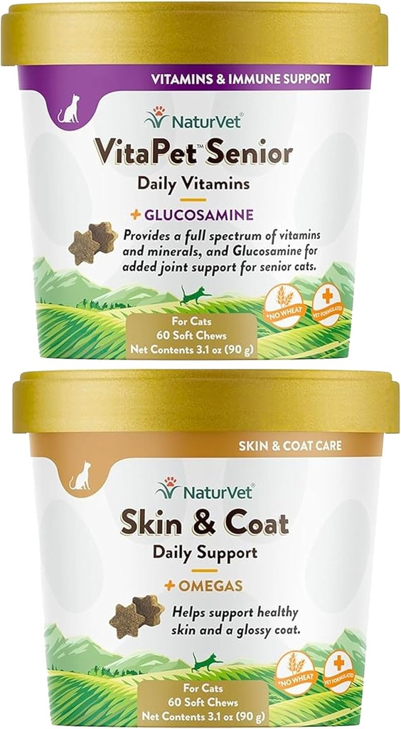 NaturVet – Skin & Coat Plus Omegas for Cats – 60 Soft Chews – 支持健康皮肤 & Glossy Coat → & VitaPet 高级猫类日用维生素,为提供基本矿物而制定,90克,60计