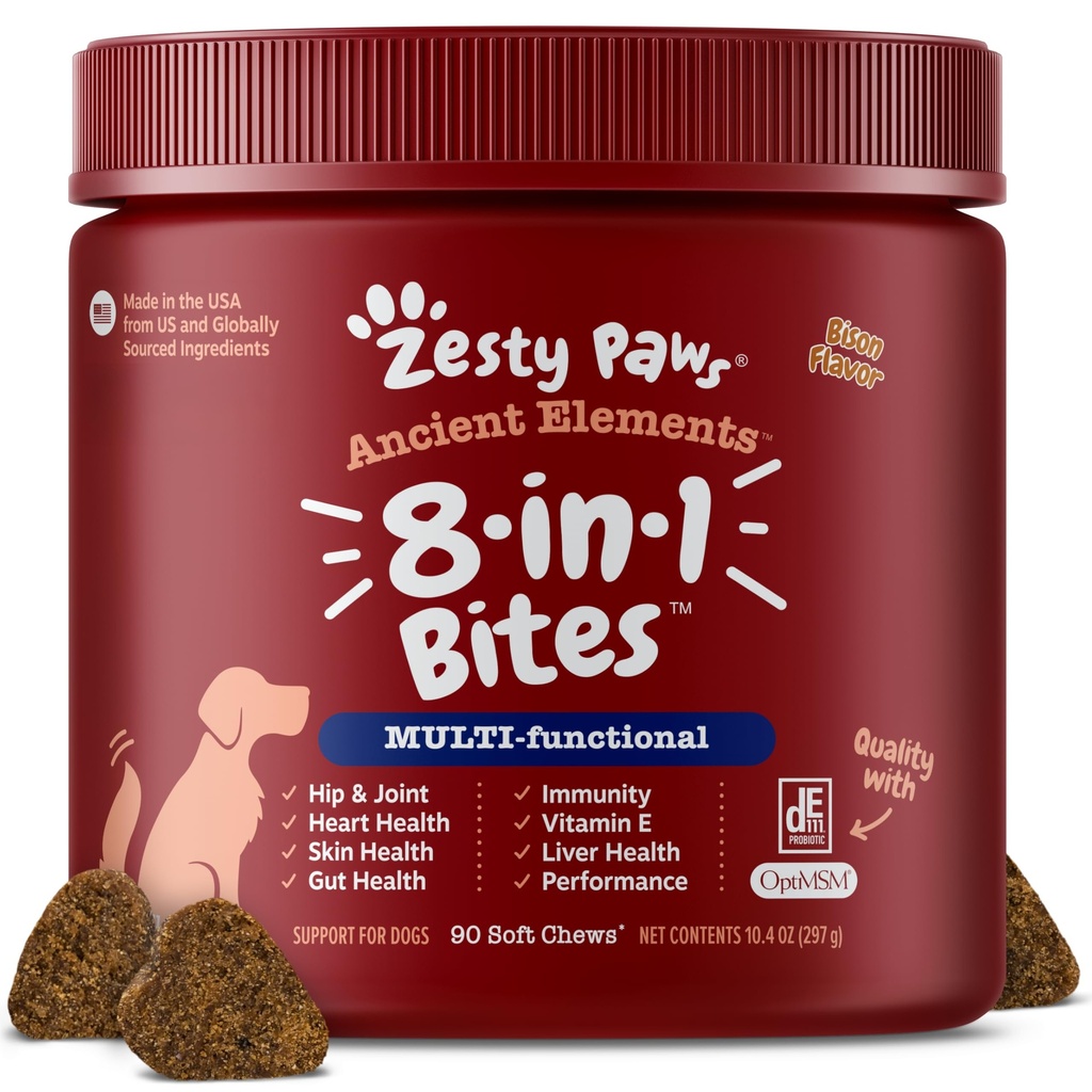 Zesty Paws 狗多维他明,可嚼的狗维生素和Hip & jobs,Skin & Coat,Omega 3鱼油用于狗 - 高级和小狗多维他明 - Bison - 90cmt