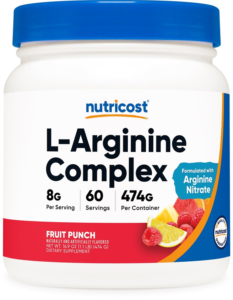 Nutricost L-Arginine 综合体(Fruit Punch, 60 services) - Gluten Free, 非GMO(英语:Fruit Punch, 60 services)
