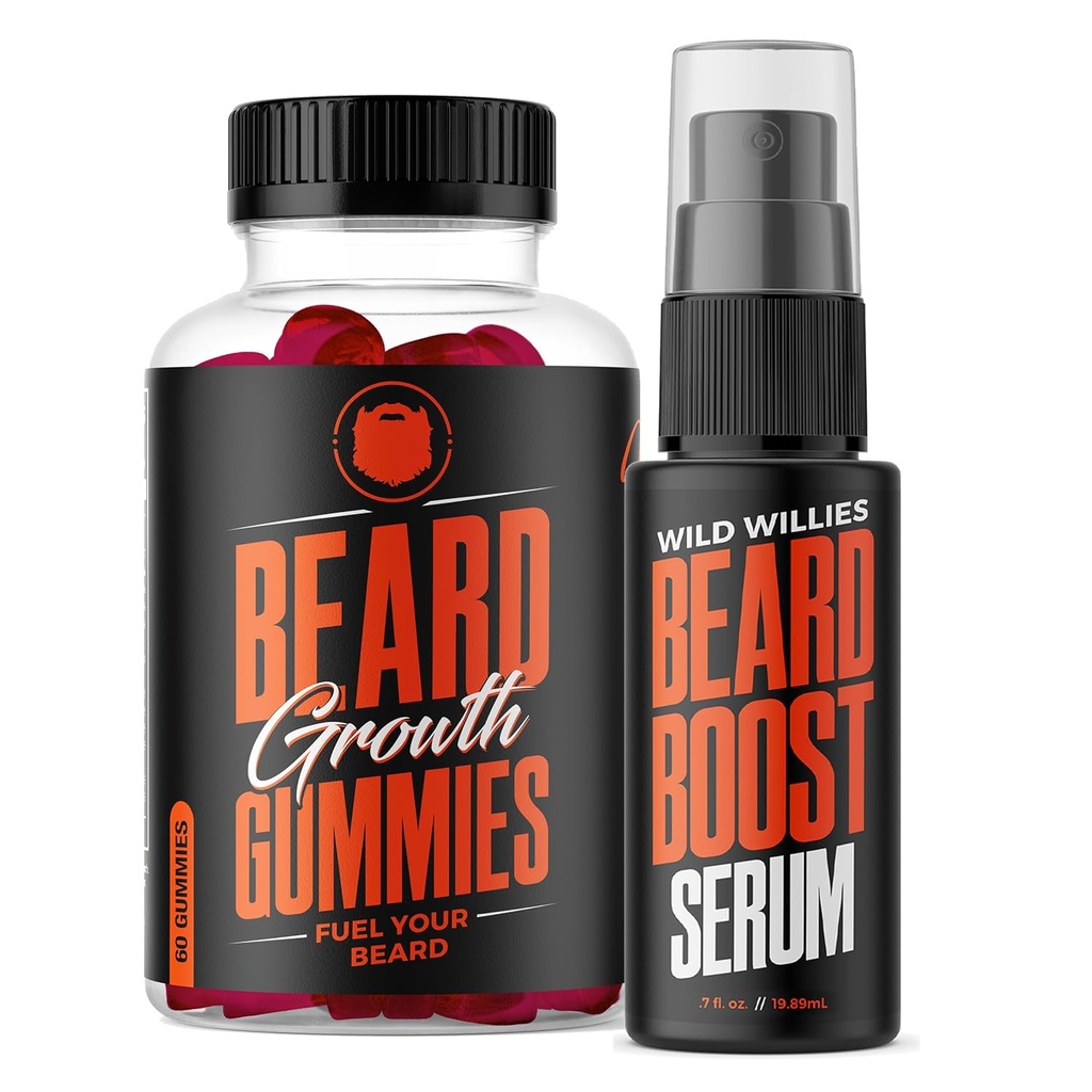 野生威利斯 胡子生长 双重威胁: 胡子生长 Gummys 和 Seum Kit for Men - Biotin, Cafeine 和基本生长油 for Fuller, Thicker Facial Hair - 胡子维生素和增强熊生长