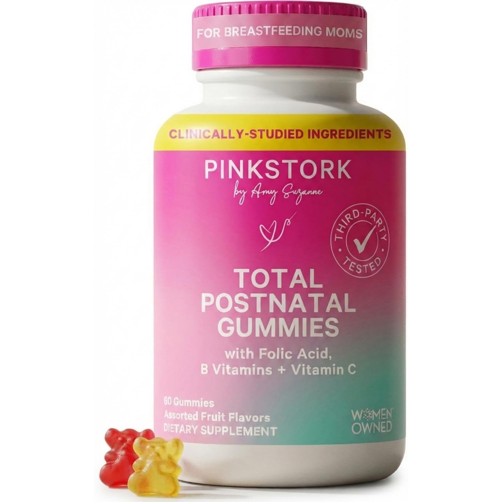 Pink Stork 产后总维生素Gmmies - 产后恢复和哺乳支持多维生素 - 叶酸, B6和维生素C - 产后基本药物 - 60 Gummy 维生素