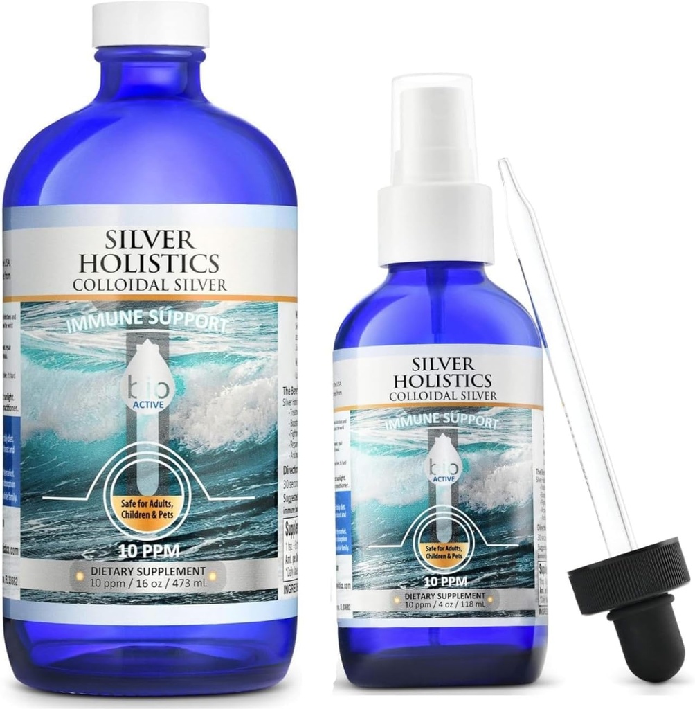 Silver HOLISTICS Coloidal Silver Liquid Bundle – 包括 Coloidal Splay (4 OZ) 和 填充溶液(16 OZ) 自由滴水器 - 儿童、成人和宠物的免疫辅助剂