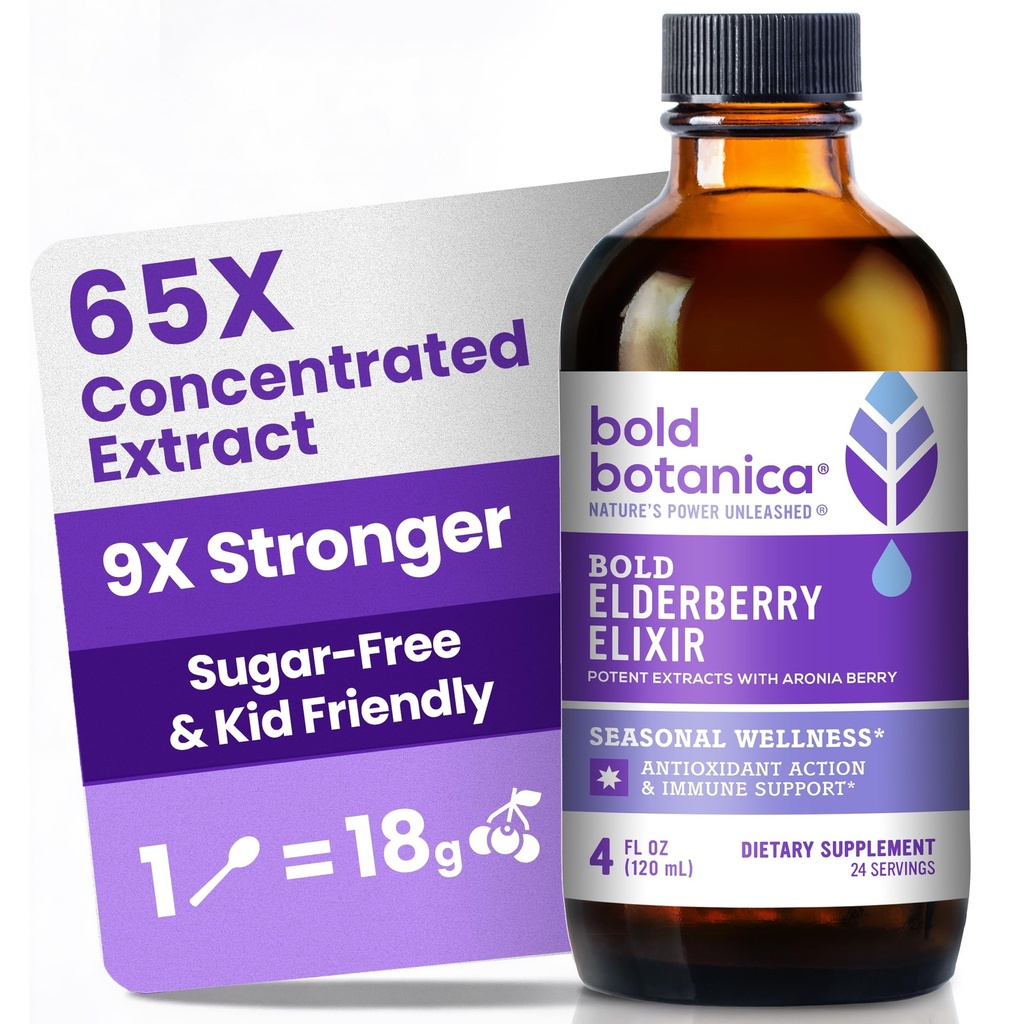 Bold Botanica Elixir – 65x 专注摘录 - 无糖 - Kid 友好 - 与Aronia Berry 的黑老莓糖浆支持免疫 - 4 Fl. Oz。