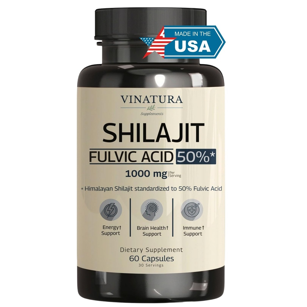 用于男女的VINATURA Shilajit -- -- 1000mg 纯喜马拉雅 Shilajit Capsules,标准化为50% 富尔维酸 -- -- 60 capsules
