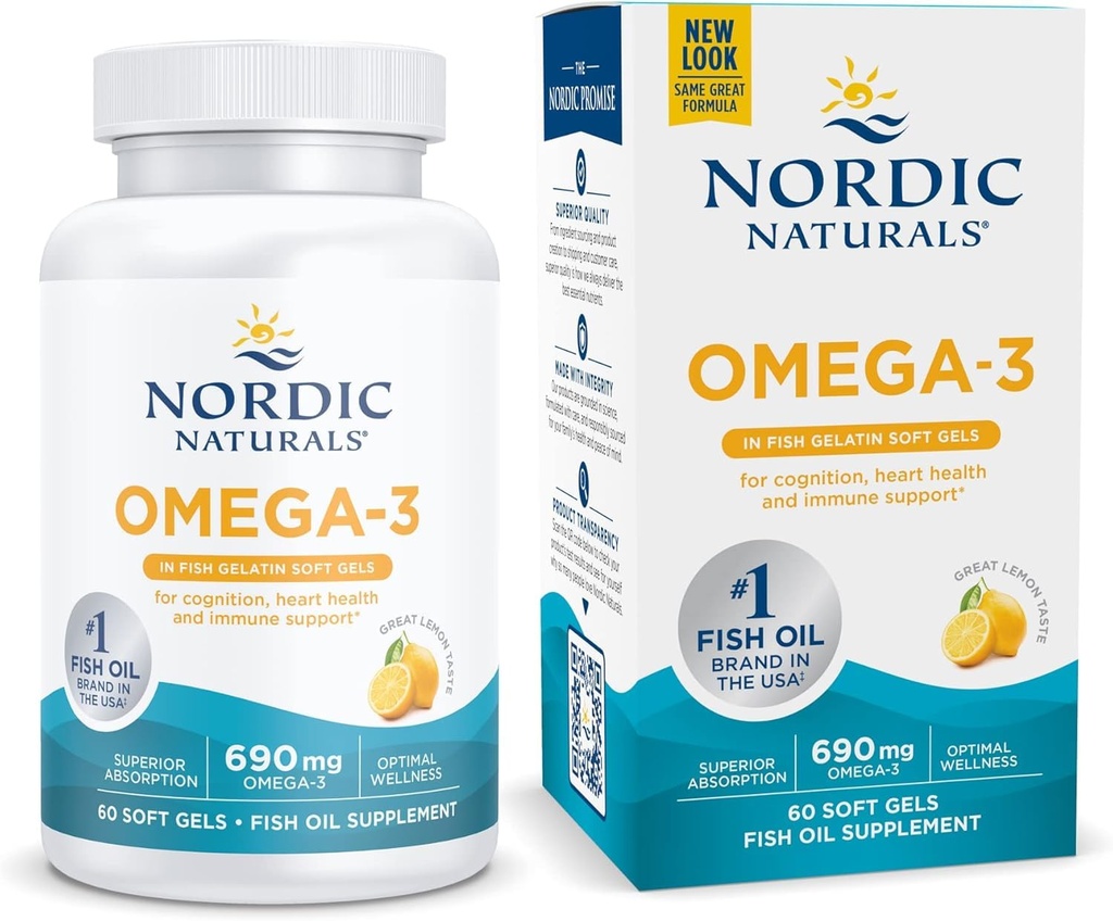 鱼盖拉汀中的北欧自然学Omega-3,柠檬火焰-60鱼盖尔-690毫克 Omega-3-鱼油-环保局和DHA-免疫支持,脑和心脏健康,最佳健康-非GMO-30服务