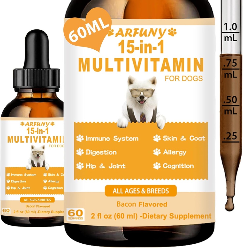 15 in 1 dogs - 多维特敏液体支持联合, Gut & Immune 健康 - 犬类文摘,心,皮肤 & Coat 健康 - 狗类的维生素补充 - 培根火焰