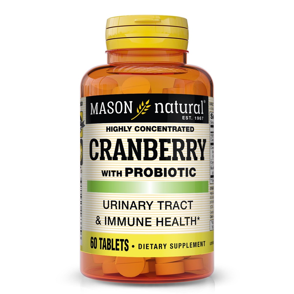 MASON NATURAL Cranberry,配有Probiotic,2个月供应,高度集中,支持正常的免疫健康和泌尿系统,60块药片