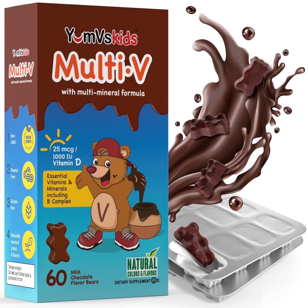 YUM-V's - 儿童多维他命可口巧克力熊 - 儿童多维他命补充剂 - 16 维生素和矿物 - 维生素包括D,锌,C,B Complex & More, 60 Counter Pack of 1