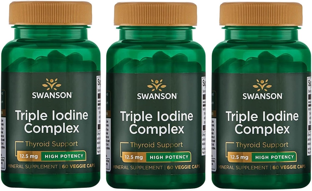 Swanson 三聚碘复合物-自然补充剂,用于支持维生素甲状腺素-促进甲状腺素功能,增加红血细胞生产,和心脏健康-(60 Veggie Capsules,每件12.5毫克)(3包)