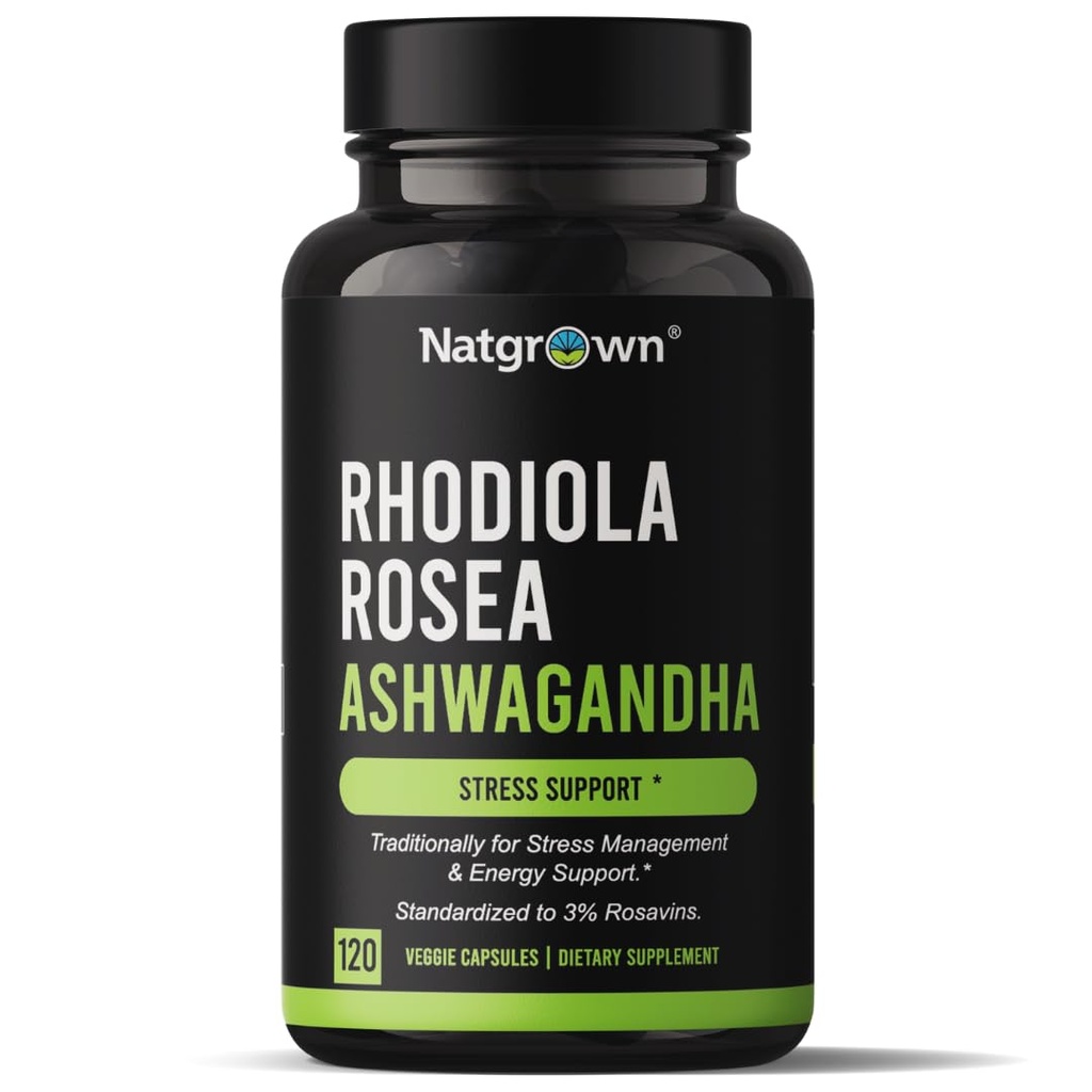配有 Ashwagandha 根提取卡普勒斯的Rhodiola Rosea - 标准化为3% Rosavins 和1% Salidroside - 120