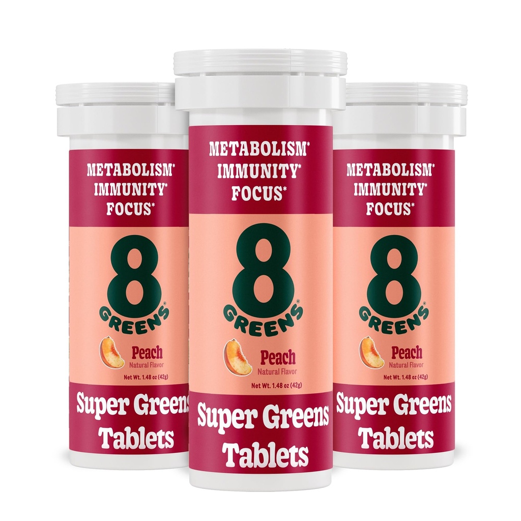 8 Greens Supergreens 片 QQ Super Greens 粉末超级食品片 代谢豁免和焦点 每日绿地 Efferscent 片 有机:Aloe Vera, Spiruina, Chlorella, Peach, 30 service