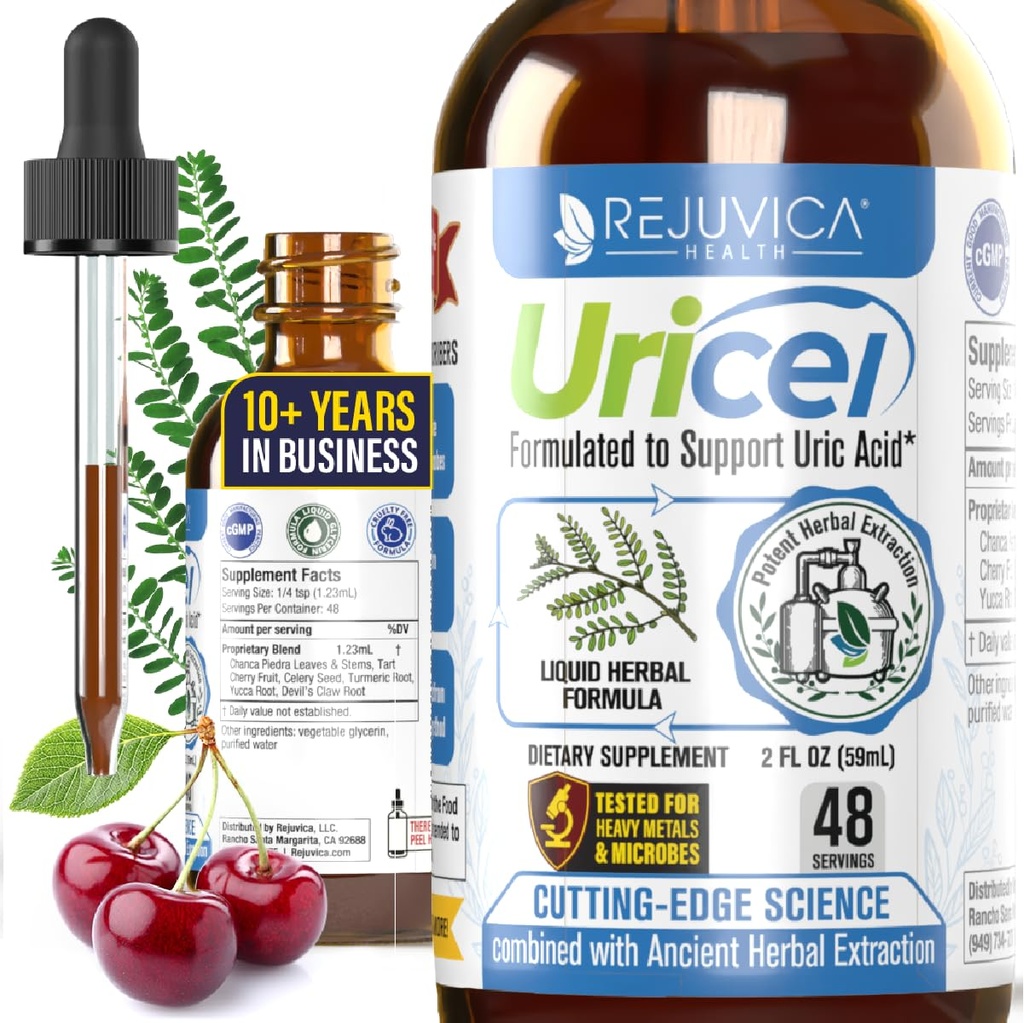 Uricel - 高级Uric酸支持和清洁补充 - 联合和肾支持 - 液体交付以更好地吸收 - Tart Cherry, Chanca Piedra, Celery种子 & Turmeric - 2 fl oz