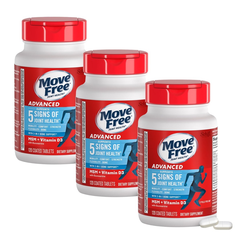移动 Free Advanced Glucosamine Chondroitin MSM + Vitamin D3 联合支持补编,支持机动性强 强 力 和 Bone + Immune 健康 - Tablet, 3x120ct bottles (120 series) *