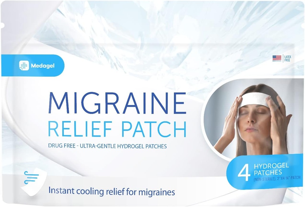 Migraine Relief Patch, Migraine 的冷却补丁, Fever, Hormone, & Headaches, Mess & Fredor-Free Hydrogel 冷却,美国制造, 1 Pack (4 x Patches) 白色