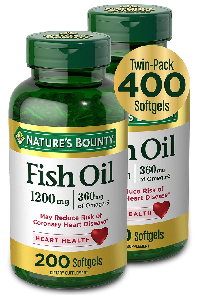 自然丰盛的鱼油, 饮食补充品 360mg Omega-3, 支持心脏健康, 1200mg, 200 Softgels (Pack of 2)