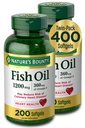 自然丰盛的鱼油, 饮食补充品 360mg Omega-3, 支持心脏健康, 1200mg, 200 Softgels (Pack of 2)