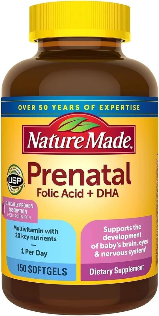 天然制造产前 + Dha 200 mg 营养补充剂(净值150软宝石),150 Count()