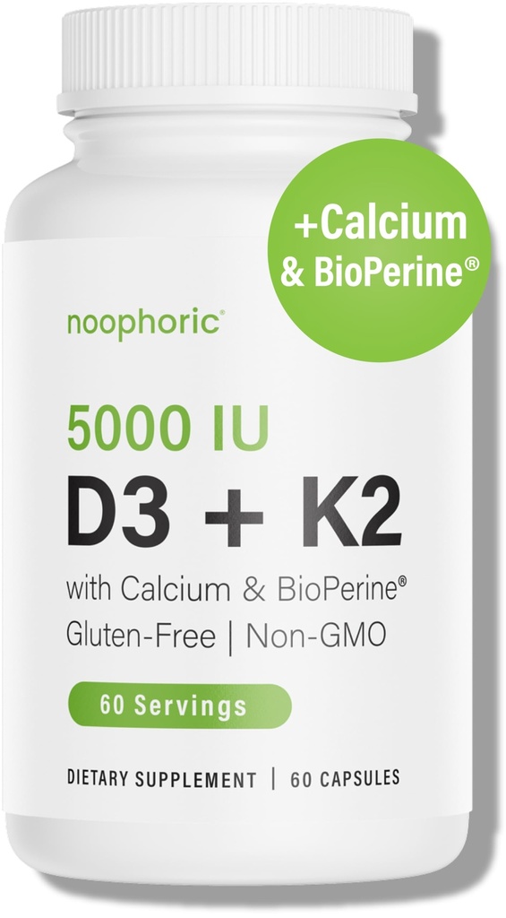 新型D3 K2维生素5000 IU - 维生素K2 100 mcg MK7,钙,生物丙烯 - 骨质健康与免疫支持补充剂 - 无糖,非GMO - 维生素D3 K2补充剂 (60 services)