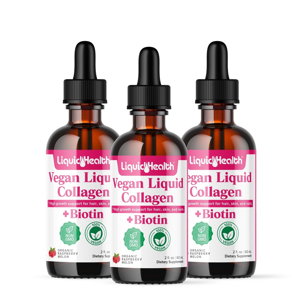 LIQUIDHEALTH 100% Vegan Collagen + Biotin 100,000mcg 液滴 - 女性和男性以植物为主的液滴 - 头发和钉子生长,皮肤健康,靴子代谢 - 在美国制造,非GMO(3包)