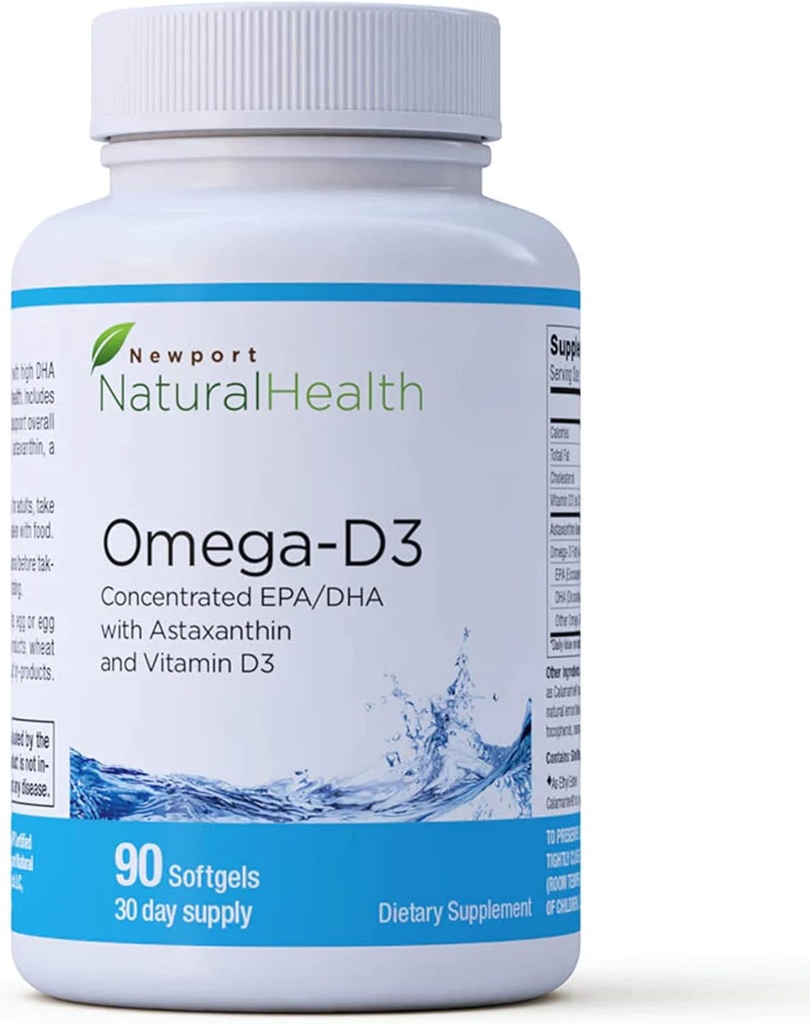 Omega-D3, 集中的EPA & DHA, Astaxanthin & Vitamin D3 & 高级DHA & EPA 心脏,脑,联合和免疫健康比率,来源于可持续的Calamarine (Squid Oil)