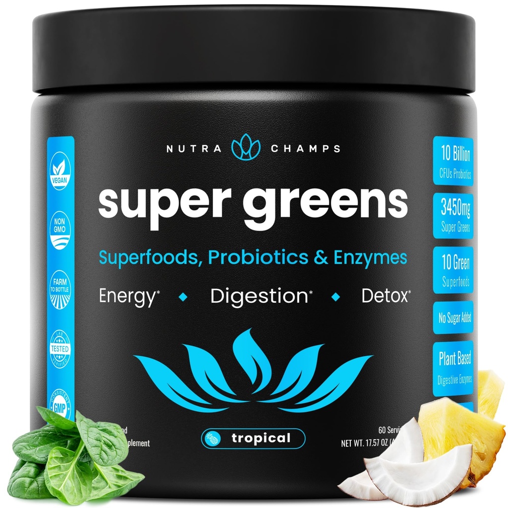 NutraChamps 超级绿色 粉末 超级食品 20+ 有机绿色 蔬菜 全食品 |麦草, Spiruina, Chlorella → 抗氧化剂, 消化酶和 Probiotic Blends (9.1 OZ, 热带)
