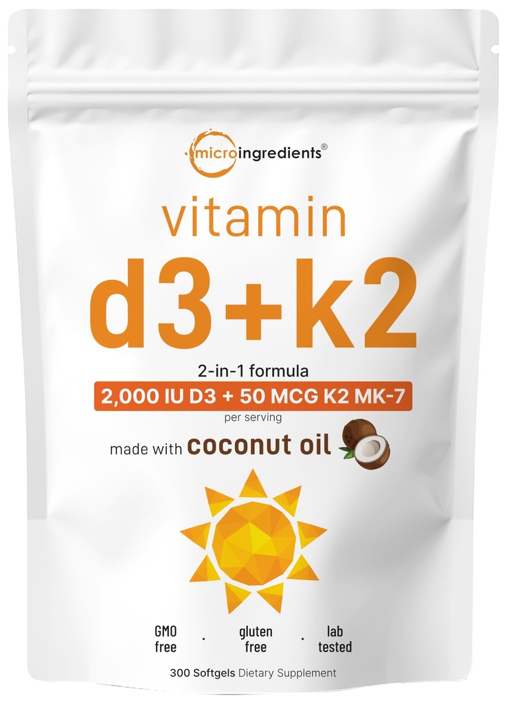 微成份 维生素 D3 2,000 IU + K2 MK-7 50 mcg, 300 Softgels →  Virgin vigin Coconut Oil → 2-in-1 支持 → 容易吞,非GMO