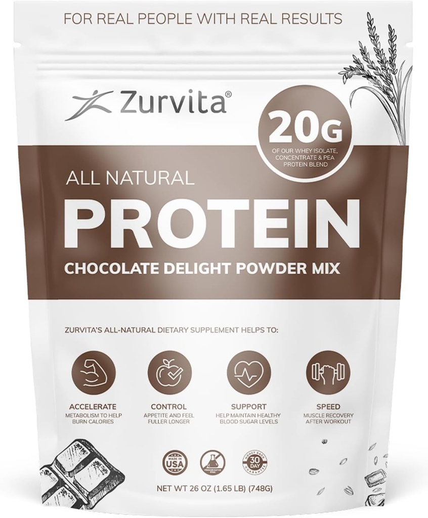 Zurvita - 巧克力甜蛋白粉 - 20g蛋白,亲生素,24+维生素和矿物 - 无人工甜甜剂 - 26oz(20种服务)