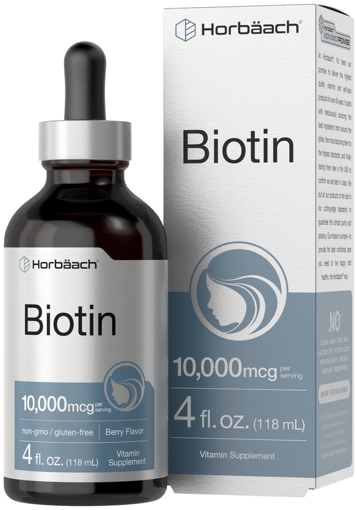 Horbäach Biotin Liquid drops 1000mcg = 4 fl oz = Berry Flavor = 蔬菜, Non-GMO & Gluten 免费补充