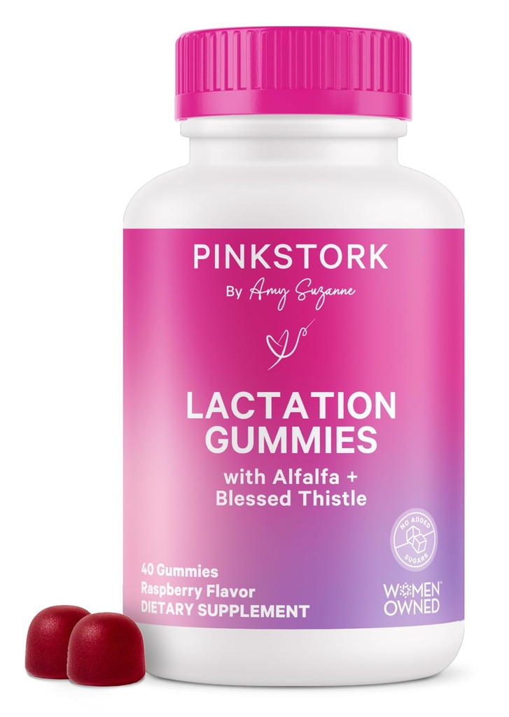 Pink Stork哺乳补充剂Gummys -- -- 支持母乳供应,配有奶黄、Alfalfa、维生素D和B12,产后恢复、母乳喂养必需品 -- -- Raspberry,40 Counter