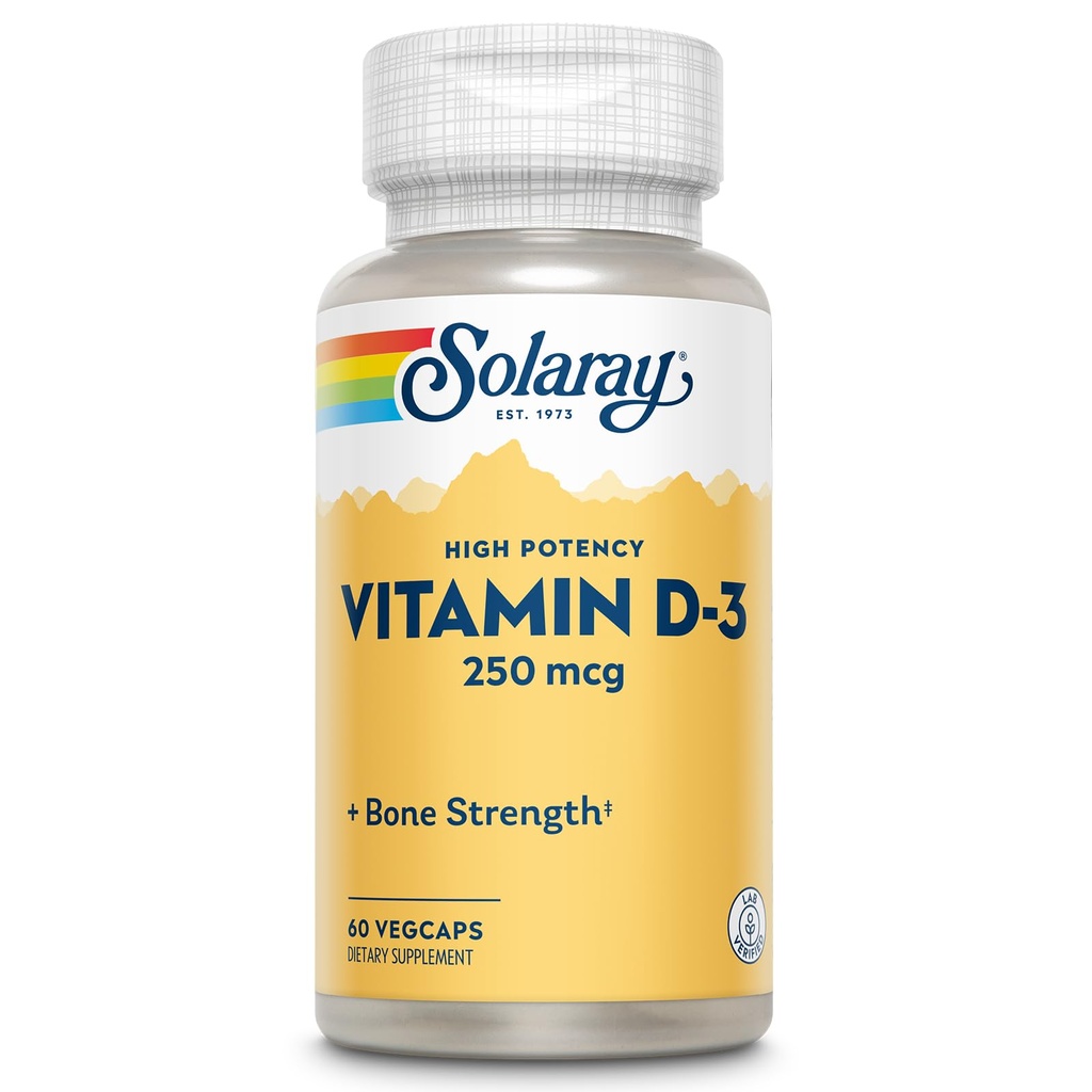 SOLARAY 维生素D3 1000IU(250 mcg) - 高发性维生素D - 以VIT D3为Cholecalciferol - 强骨和免疫支持补充 - 60日保障,60名服务,60名Veg Caps