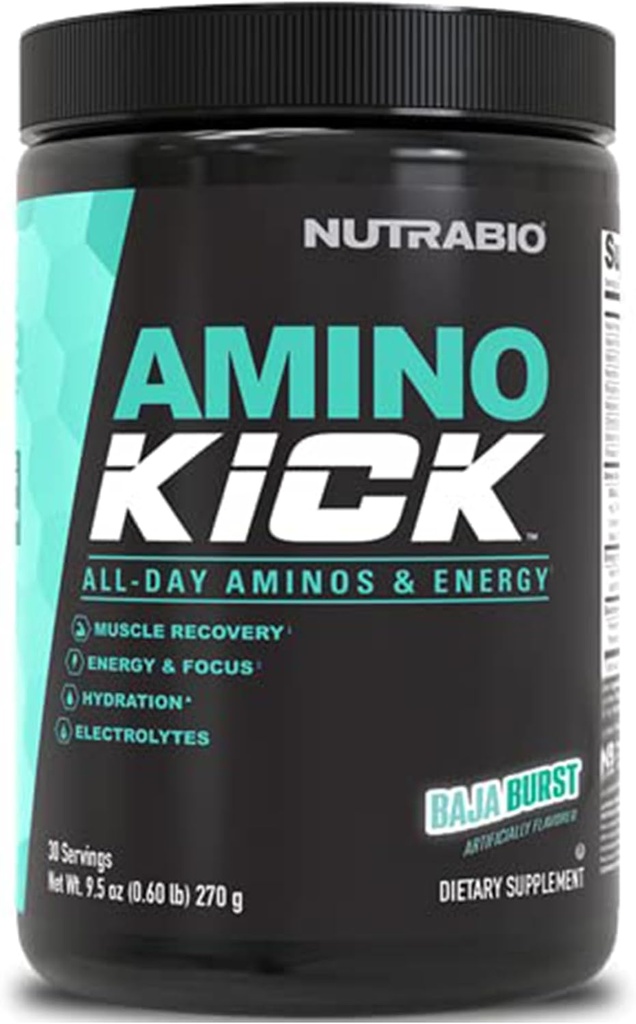 NutraBio Amino Kick – 含天然咖啡因的BCAA粉末 – 氨酸对能源,水分和回收的补充 – BCAAs, Electrolytes & Amino Acids – Baja Burst, 30 services